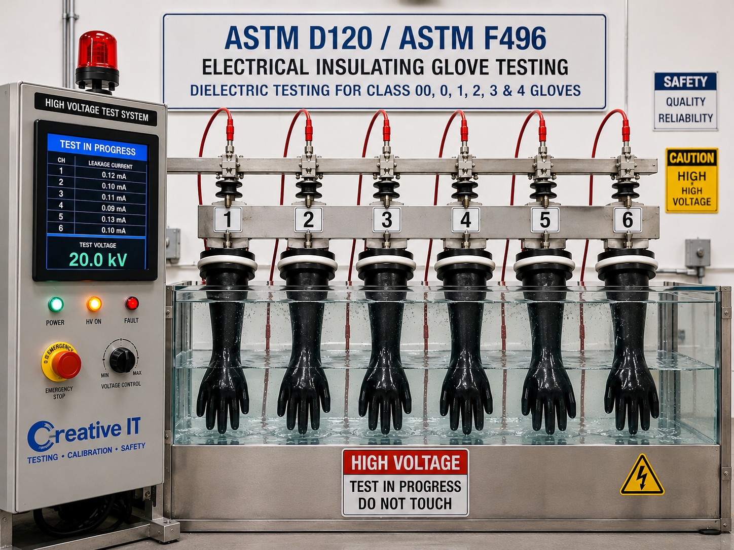ASTM D120 and ASTM F496 high voltage electrical insulating glove dielectric testing