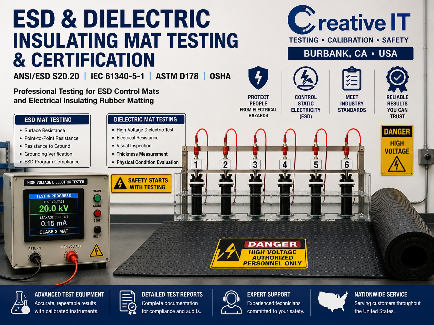 ESD and ASTM D178 electrical insulating rubber mat dielectric testing at Creative IT